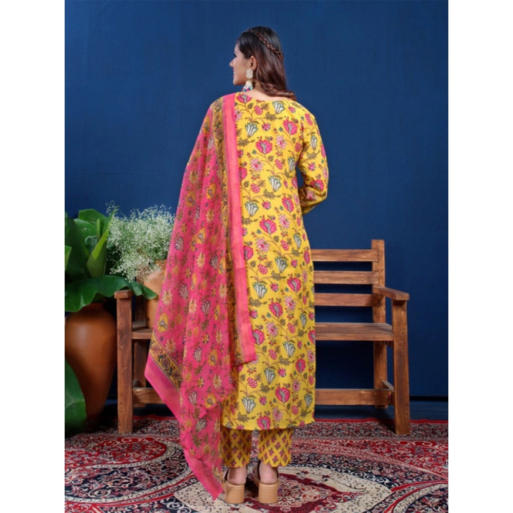 Amfyn Women's Cotton Blend Printed Kurti With Pant Dupatta Set (Yellow)