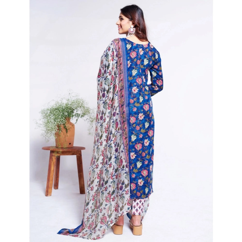 Amfyn Women's Cotton Blend Printed Kurti With Pant Dupatta Set (Blue)