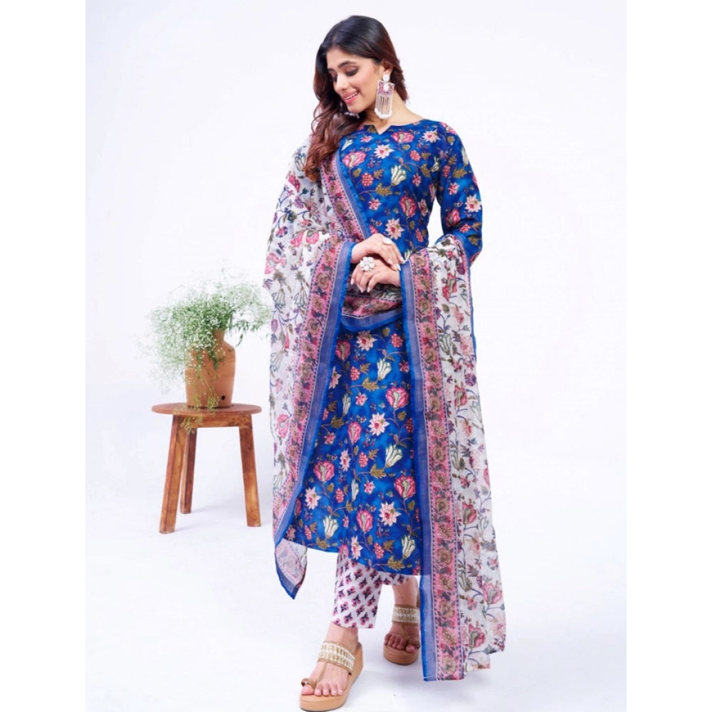 Amfyn Women's Cotton Blend Printed Kurti With Pant Dupatta Set (Blue)