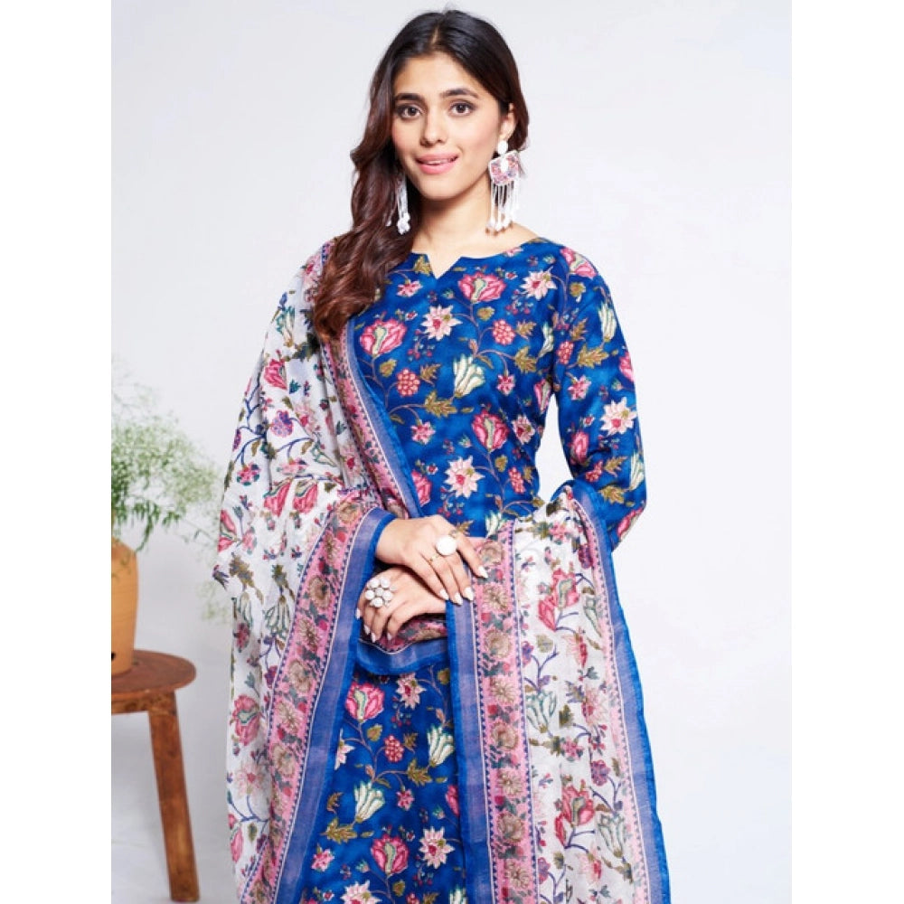 Amfyn Women's Cotton Blend Printed Kurti With Pant Dupatta Set (Blue)