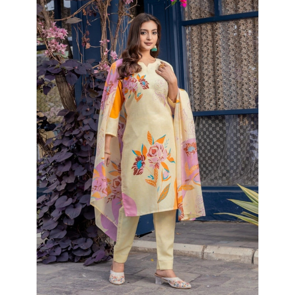 Amfyn Women's Cotton Blend Printed Kurti With Pant Dupatta Set (Cream)