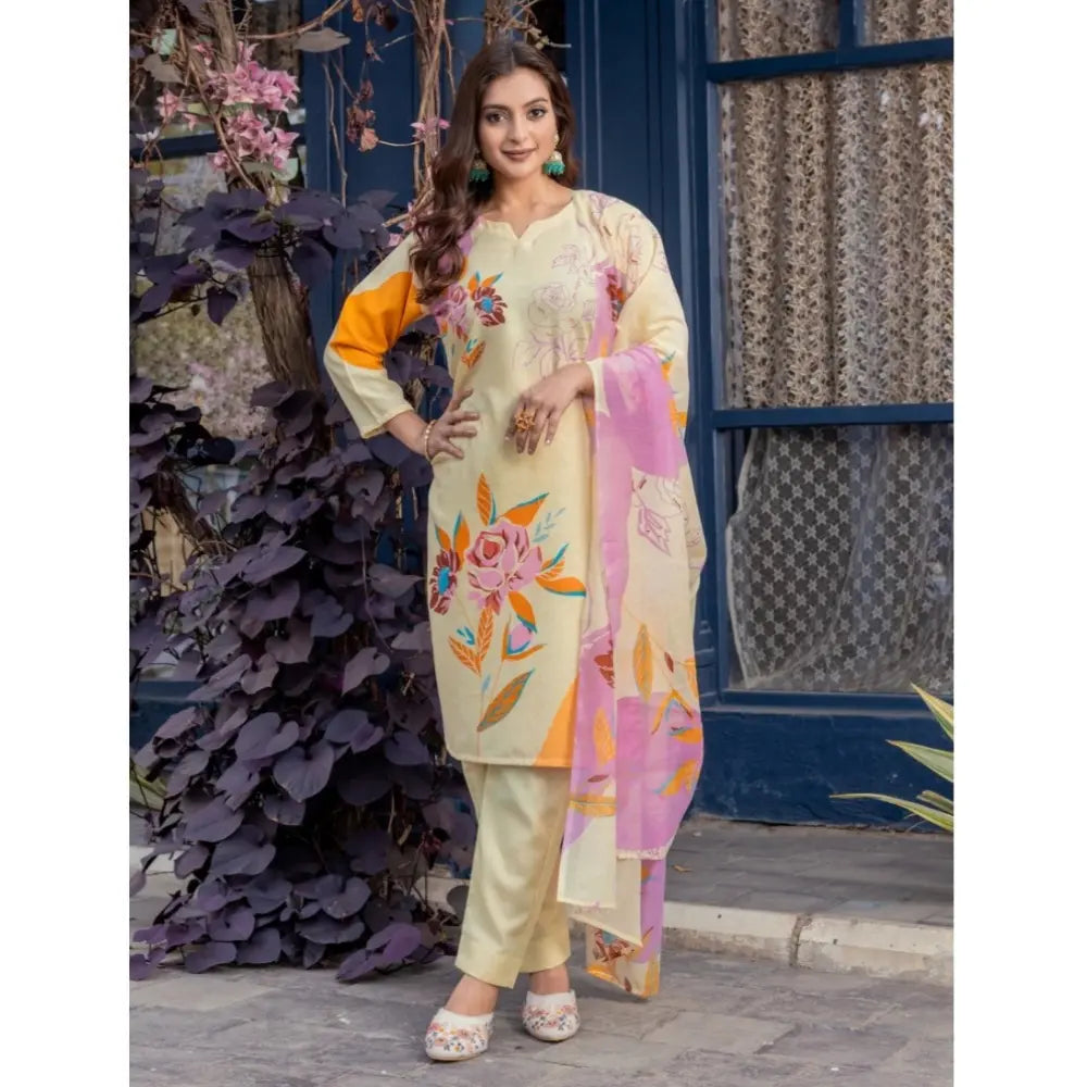 Amfyn Women's Cotton Blend Printed Kurti With Pant Dupatta Set (Cream)