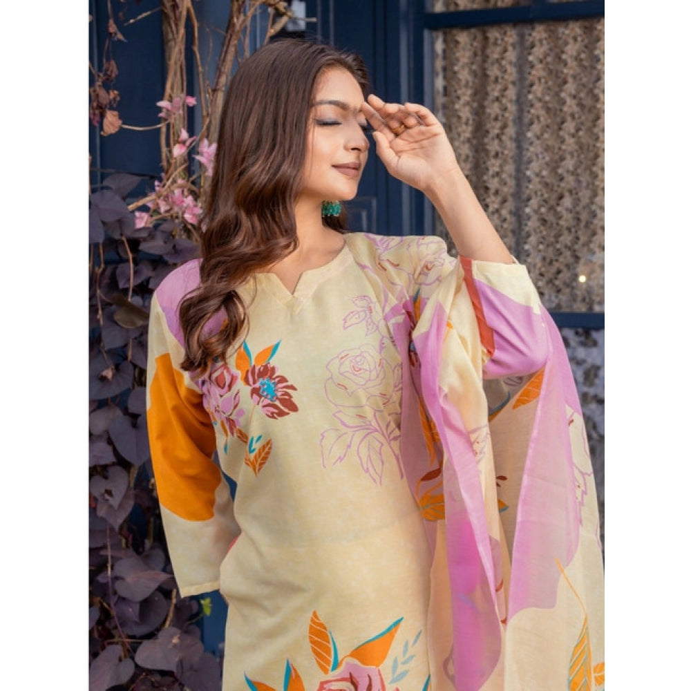 Amfyn Women's Cotton Blend Printed Kurti With Pant Dupatta Set (Cream)