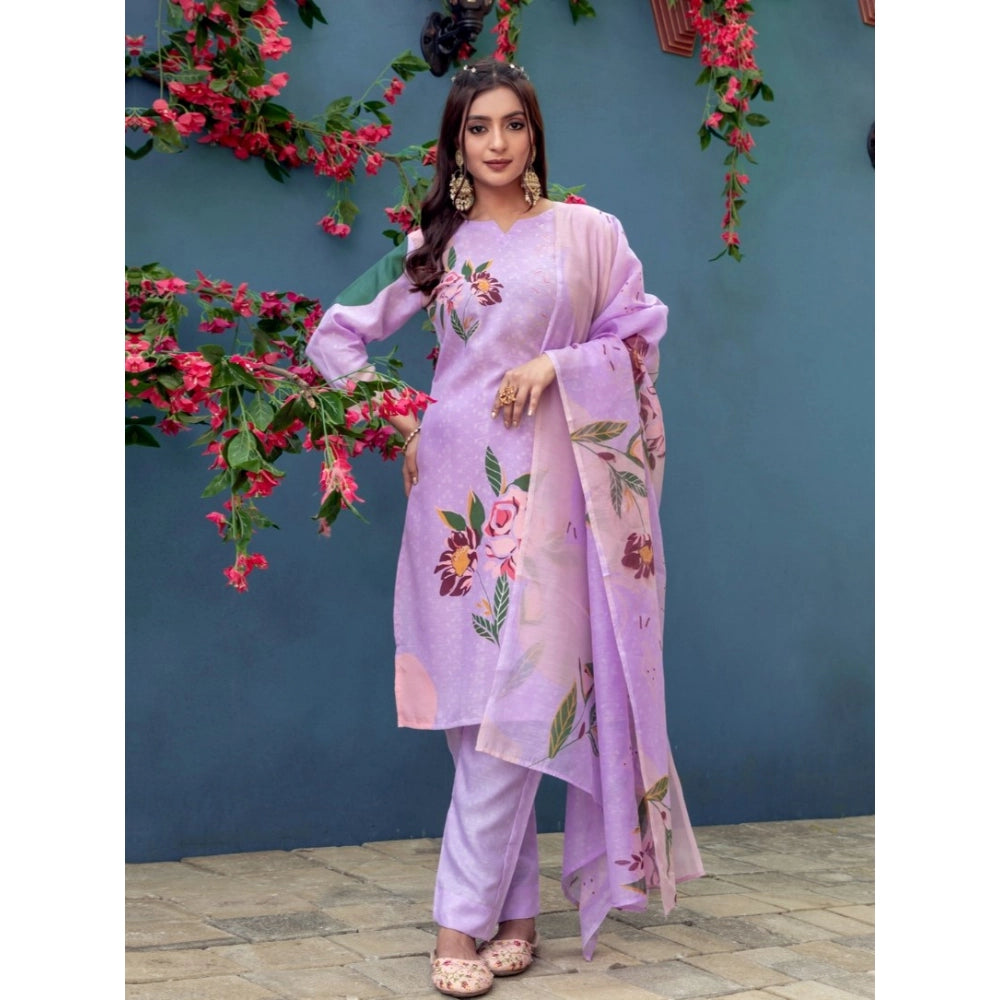 Amfyn Women's Cotton Blend Printed Kurti With Pant Dupatta Set (Lavender)