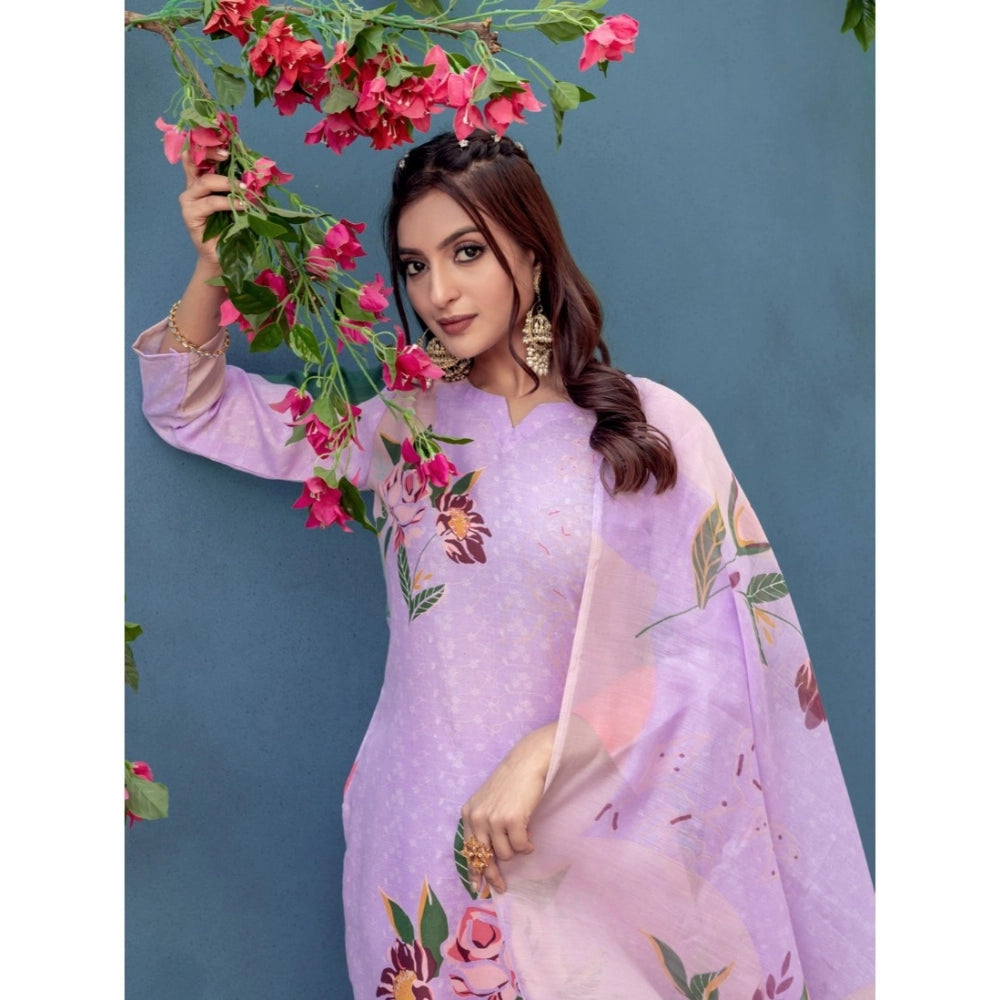 Amfyn Women's Cotton Blend Printed Kurti With Pant Dupatta Set (Lavender)