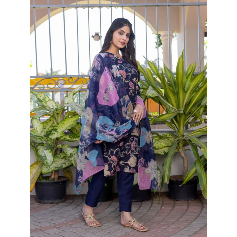 Amfyn Women's Cotton Blend Printed Kurti With Pant Dupatta Set (NavyBlue)