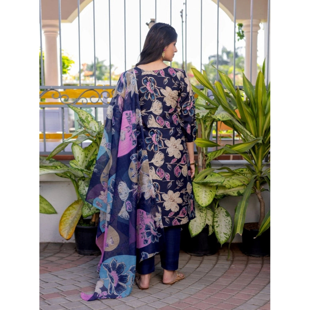 Amfyn Women's Cotton Blend Printed Kurti With Pant Dupatta Set (NavyBlue)