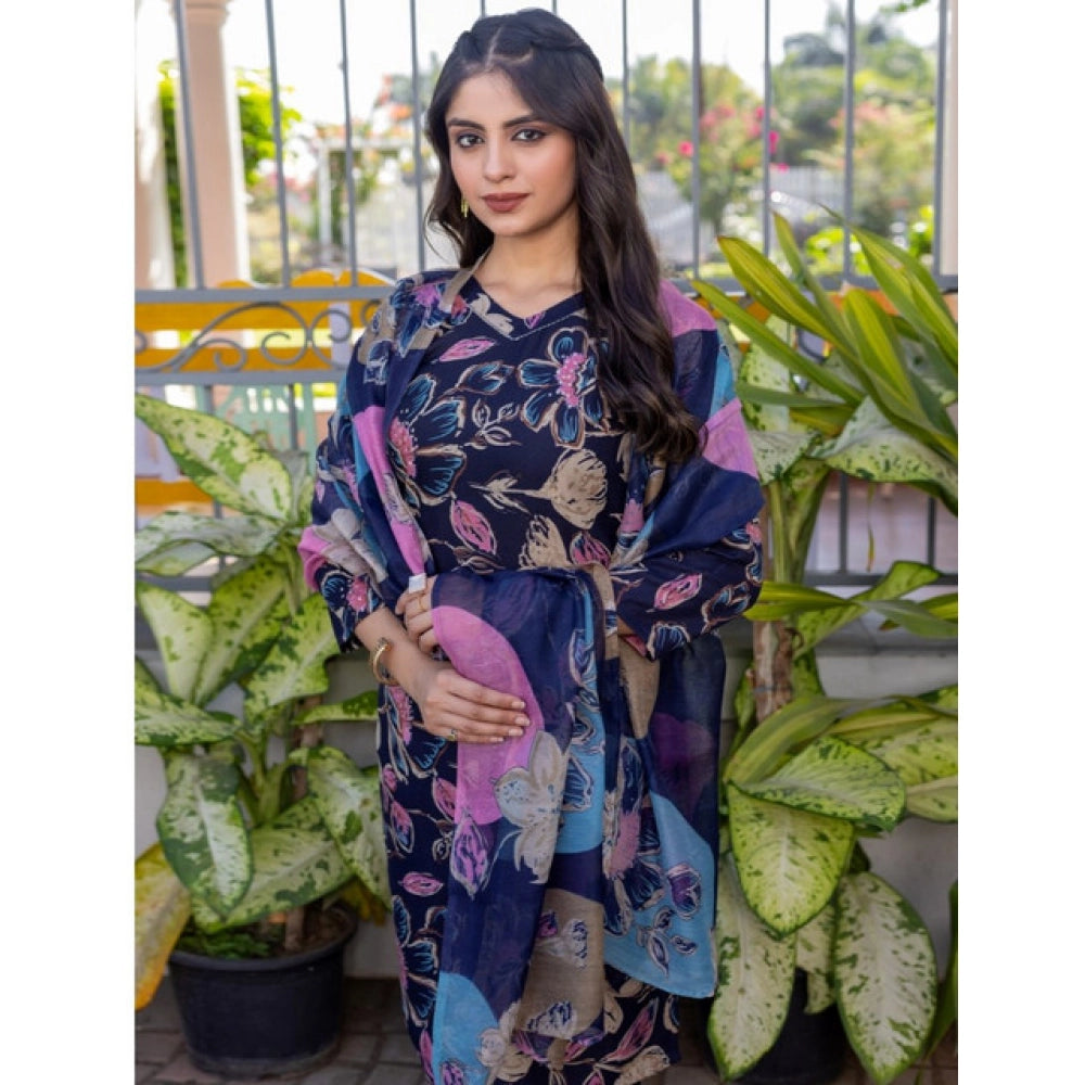 Amfyn Women's Cotton Blend Printed Kurti With Pant Dupatta Set (NavyBlue)