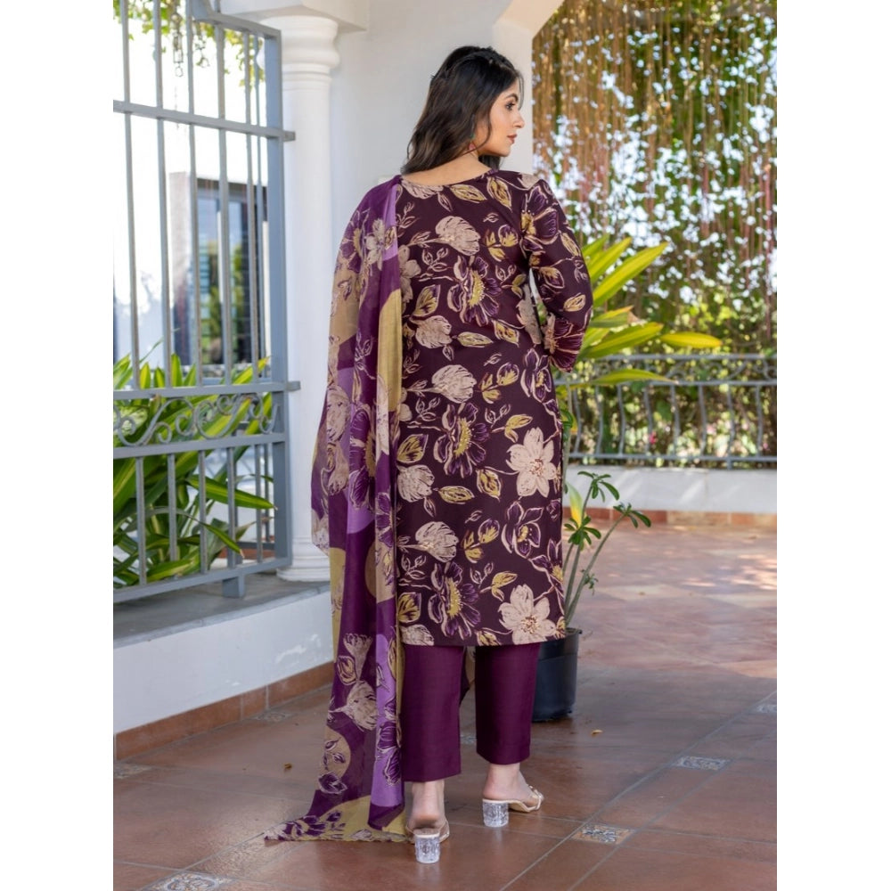 Amfyn Women's Cotton Blend Printed Kurti With Pant Dupatta Set (Purple)