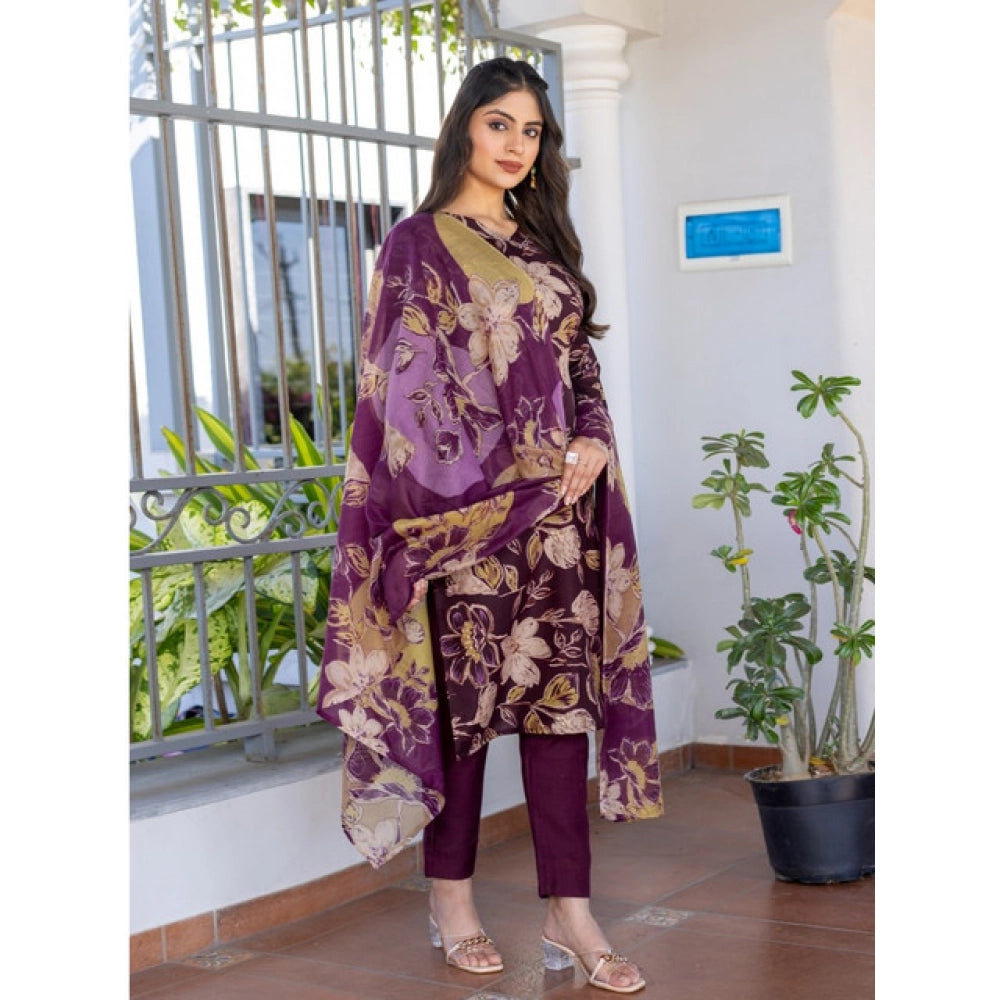 Amfyn Women's Cotton Blend Printed Kurti With Pant Dupatta Set (Purple)