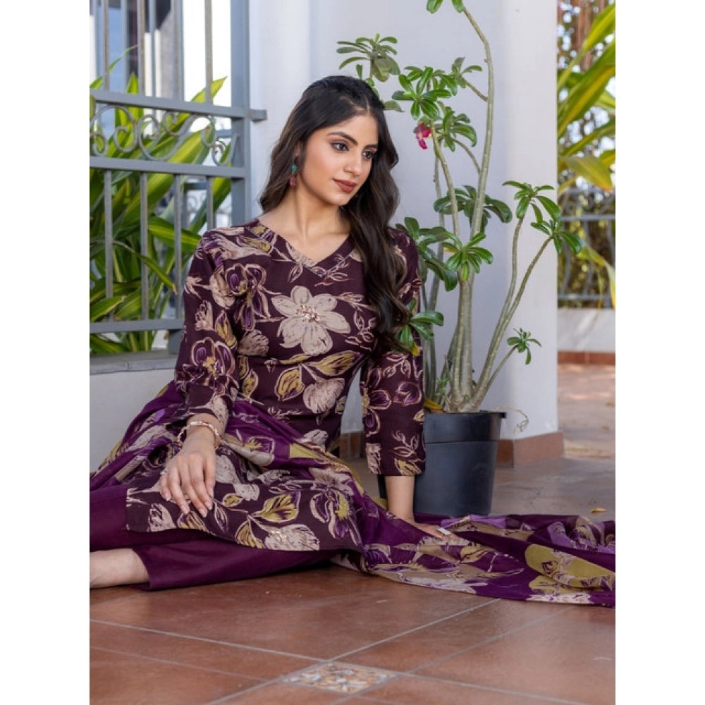 Amfyn Women's Cotton Blend Printed Kurti With Pant Dupatta Set (Purple)
