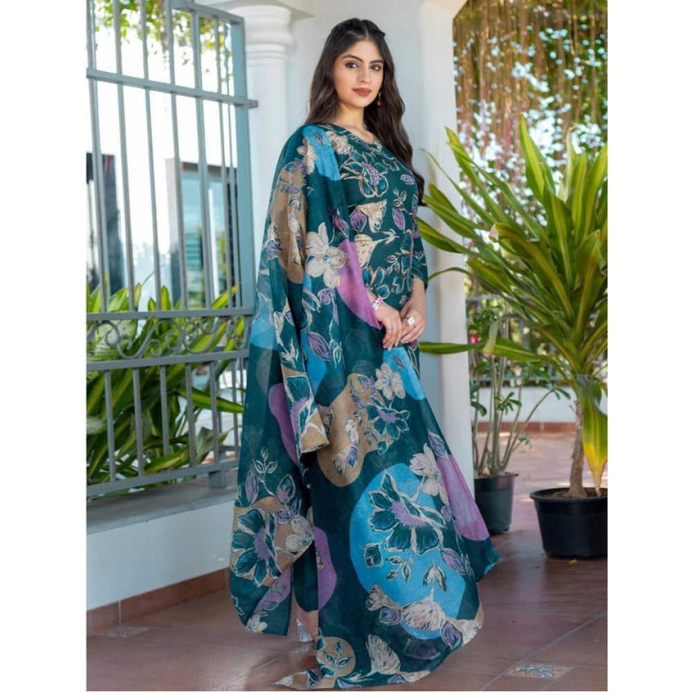 Amfyn Women's Cotton Blend Printed Kurti With Pant Dupatta Set (Rama)