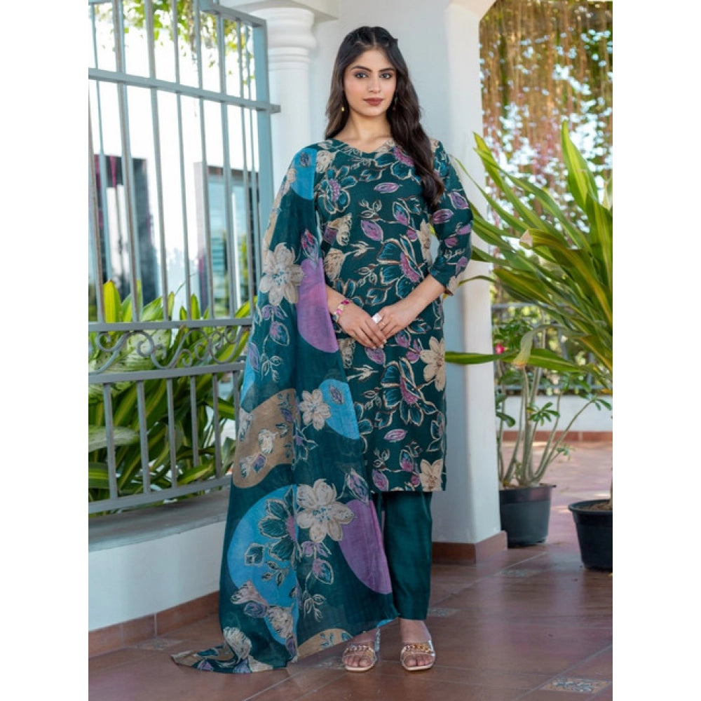 Amfyn Women's Cotton Blend Printed Kurti With Pant Dupatta Set (Rama)