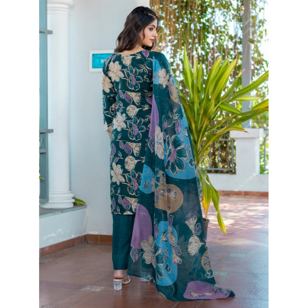 Amfyn Women's Cotton Blend Printed Kurti With Pant Dupatta Set (Rama)