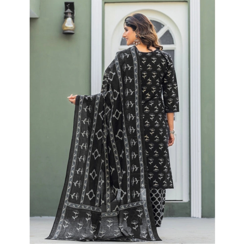 Amfyn Women's Cotton Blend Printed Kurti With Pant Dupatta Set (Black)