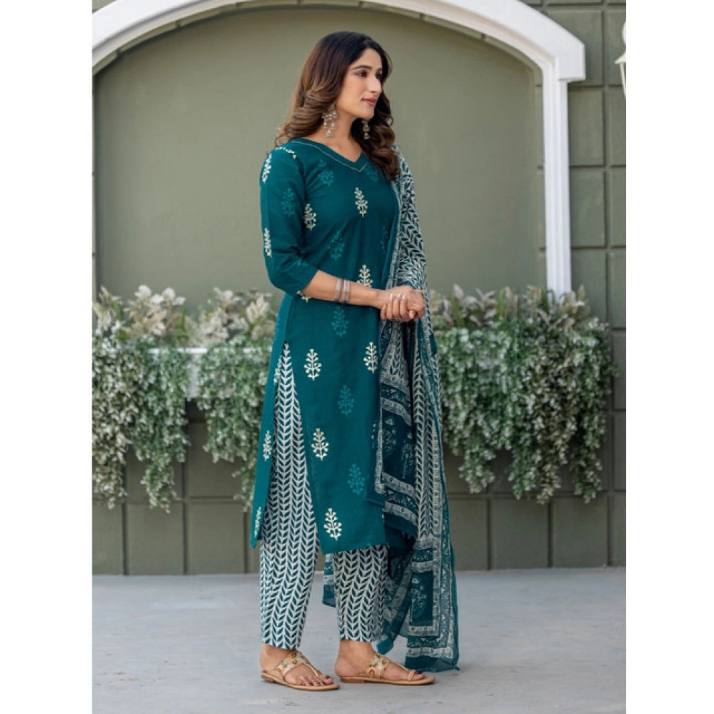 Amfyn Women's Cotton Blend Printed Kurti With Pant Dupatta Set (Morpichh)