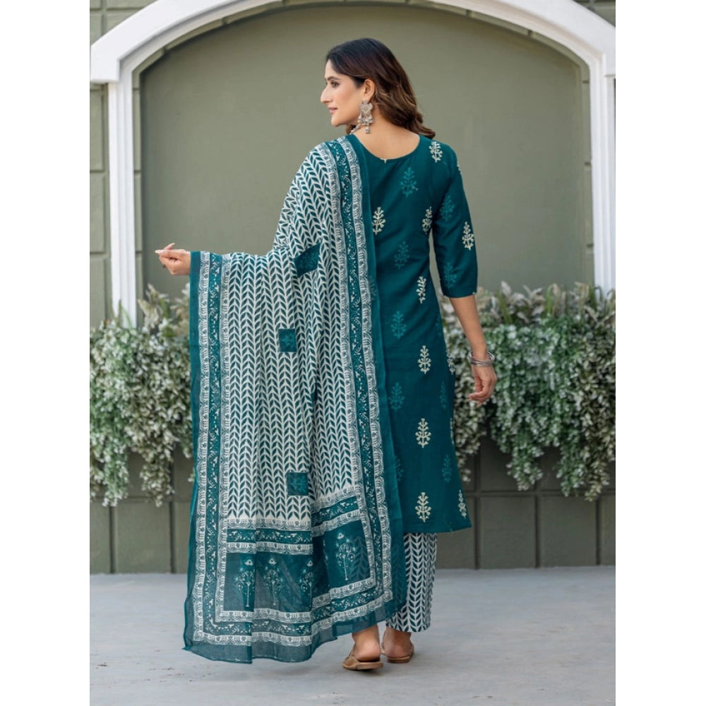 Amfyn Women's Cotton Blend Printed Kurti With Pant Dupatta Set (Morpichh)