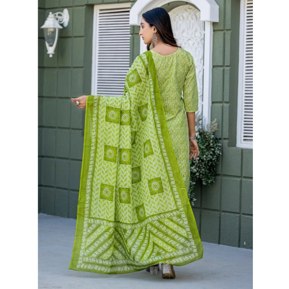 Amfyn Women's Cotton Blend Printed Kurti With Pant Dupatta Set (Parrot)
