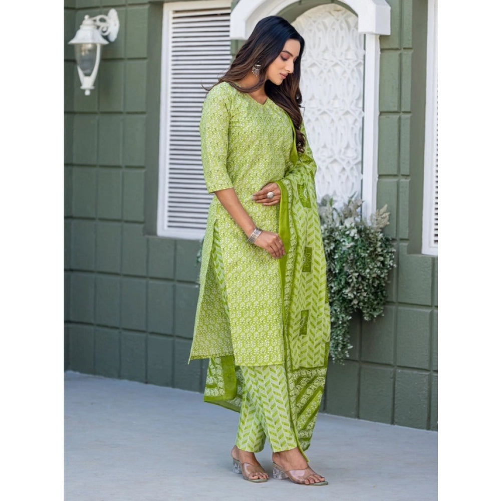 Amfyn Women's Cotton Blend Printed Kurti With Pant Dupatta Set (Parrot)