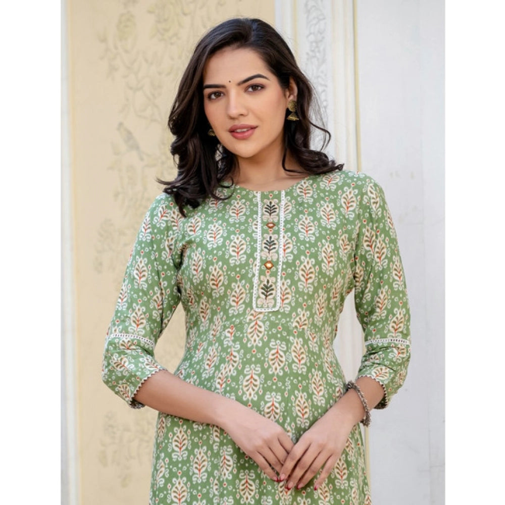Amfyn Women's Rayon  Print With Embroidery Work A-Line Kurti (Green)