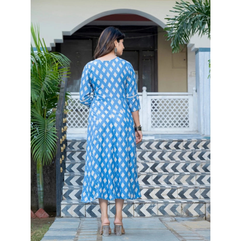 Amfyn Women's Rayon Print With Embroidery Work A-Line Kurti (Sky Blue)