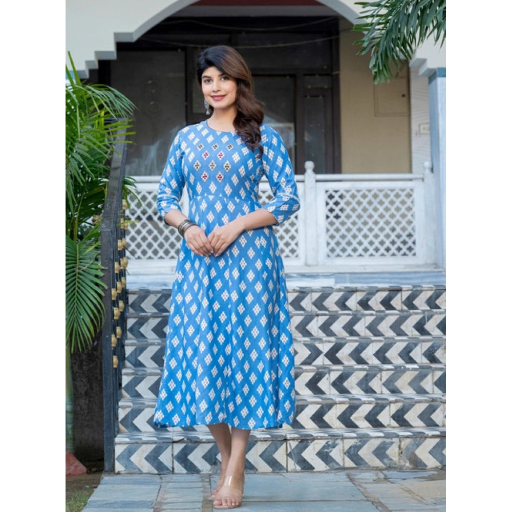 Amfyn Women's Rayon Print With Embroidery Work A-Line Kurti (Sky Blue)