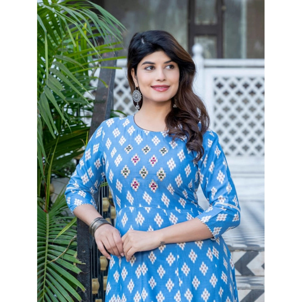 Amfyn Women's Rayon Print With Embroidery Work A-Line Kurti (Sky Blue)