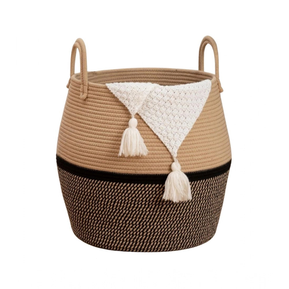 Amfyn Cotton Matka With Handle 14x12 Inch Storage Basket For Clothes (Beige Black)