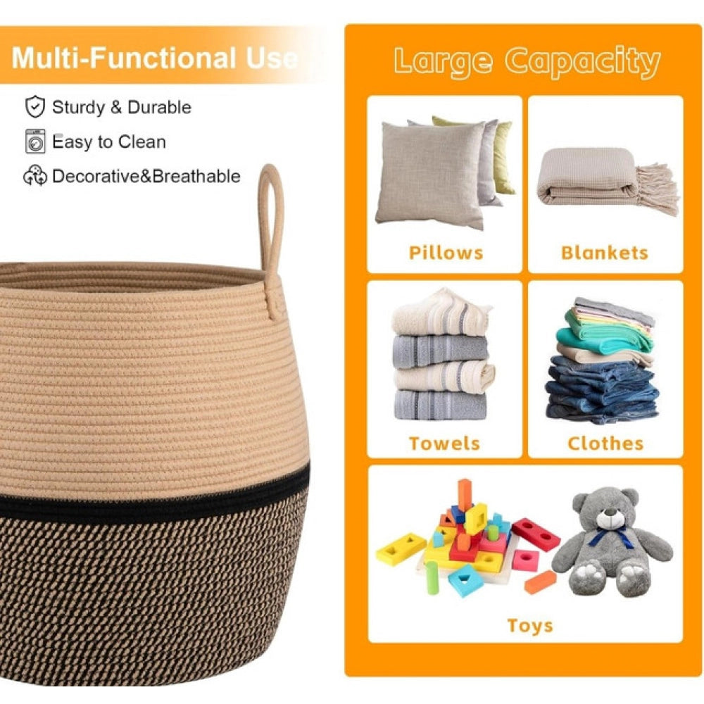 Amfyn Cotton Matka With Handle 14x12 Inch Storage Basket For Clothes (Beige Black)