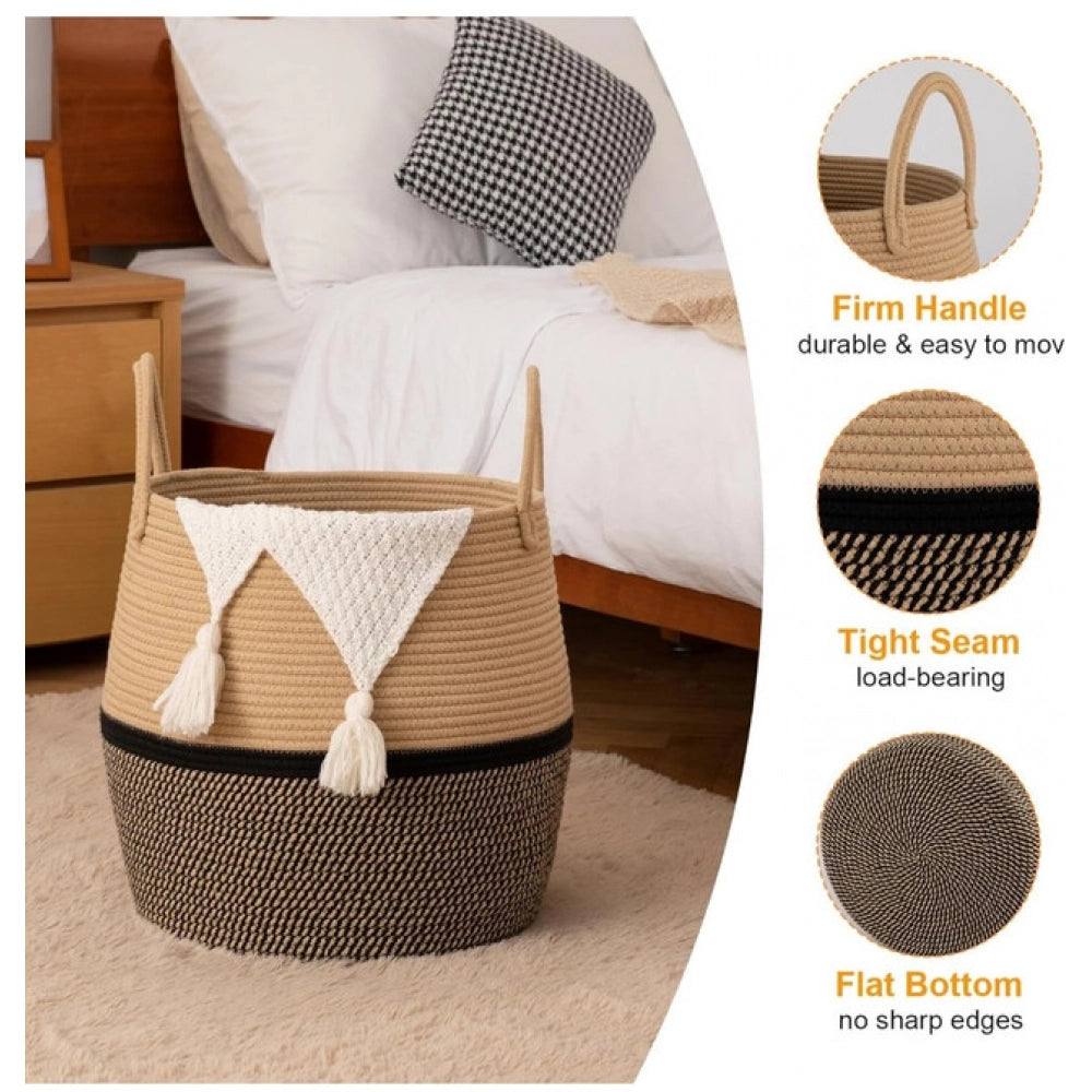 Amfyn Cotton Matka With Handle 14x12 Inch Storage Basket For Clothes (Beige Black)