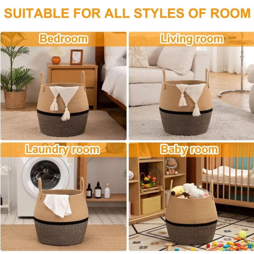 Amfyn Cotton Matka With Handle 14x12 Inch Storage Basket For Clothes (Beige Black)