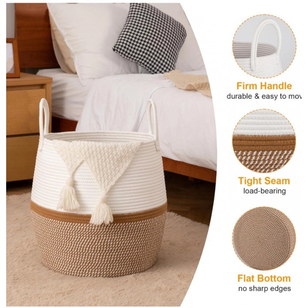 Amfyn Cotton Matka With Handle 14x12 Inch Storage Basket For Clothes (Beige White)