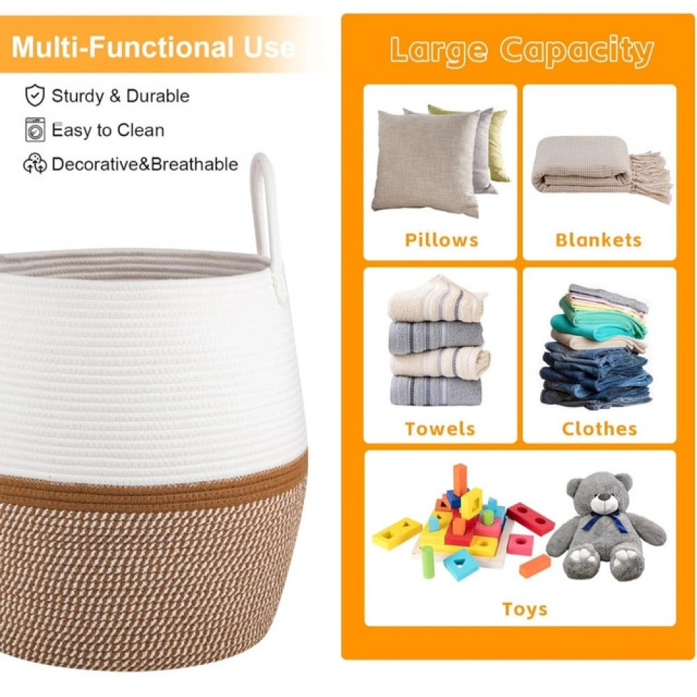 Amfyn Cotton Matka With Handle 14x12 Inch Storage Basket For Clothes (Beige White)