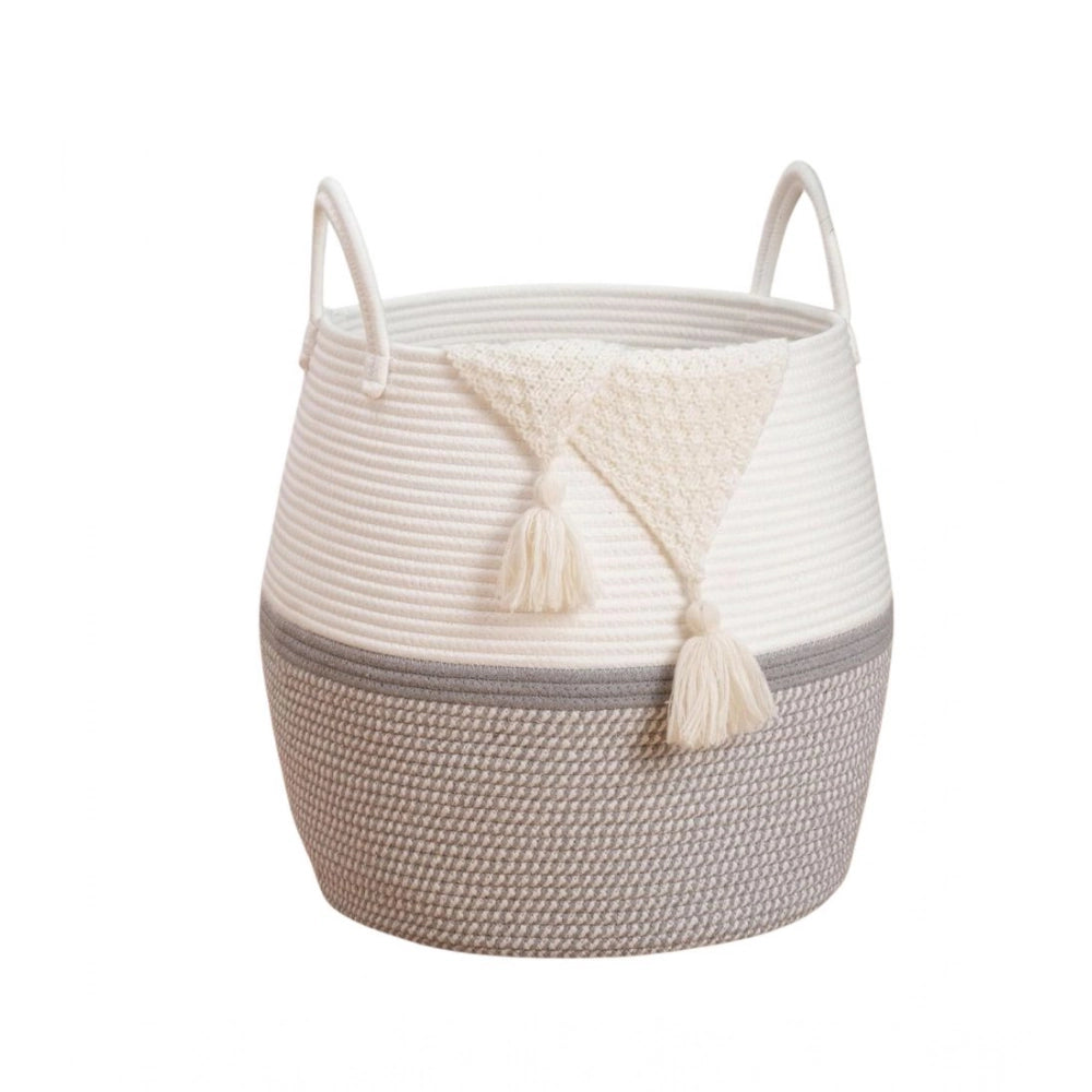 Amfyn Cotton Matka With Handle 14x12 Inch Storage Basket For Clothes (Gray White)