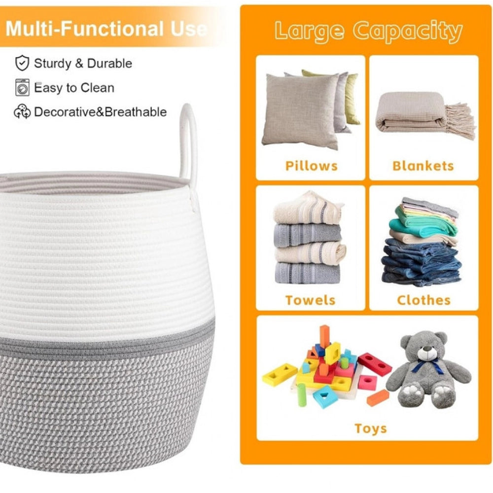 Amfyn Cotton Matka With Handle 14x12 Inch Storage Basket For Clothes (Gray White)