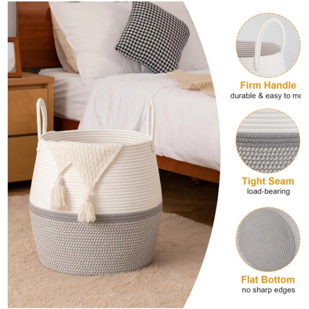 Amfyn Cotton Matka With Handle 14x12 Inch Storage Basket For Clothes (Gray White)