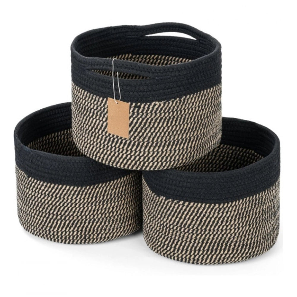 Amfyn Cotton 9x7 Inch Pack of 3 Storage Basket For Clothes (Black-Beige)