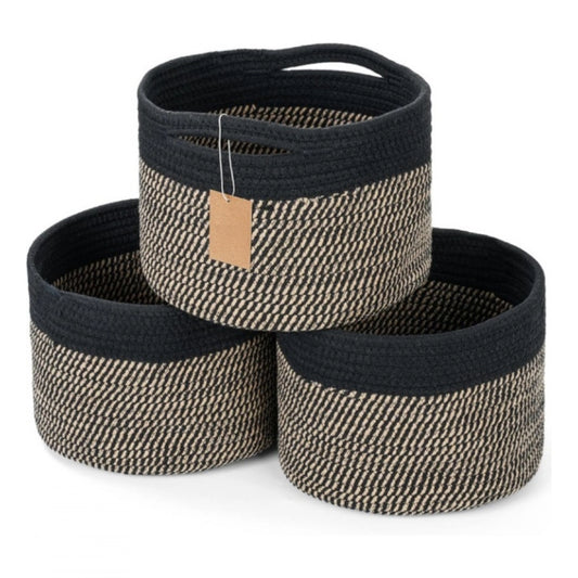 Amfyn Cotton 9x7 Inch Pack of 3 Storage Basket For Clothes (Black-Beige)