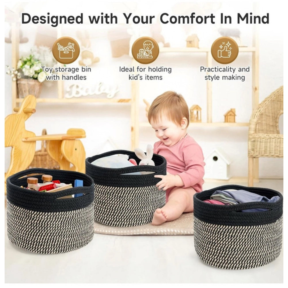 Amfyn Cotton 9x7 Inch Pack of 3 Storage Basket For Clothes (Black-Beige)