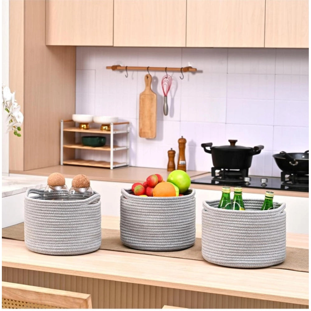 Amfyn Cotton 9x7 Inch Pack of 3 Storage Basket For Clothes (Gray)