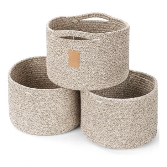 Amfyn Cotton Kidi 9x7 Inch Pack of 3 Storage Basket For Clothes (Light Brown)
