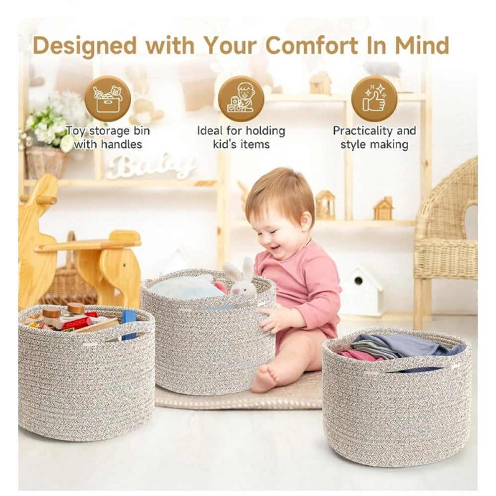 Amfyn Cotton Kidi 9x7 Inch Pack of 3 Storage Basket For Clothes (Light Brown)