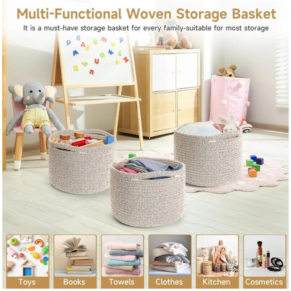 Amfyn Cotton Kidi 9x7 Inch Pack of 3 Storage Basket For Clothes (Light Brown)