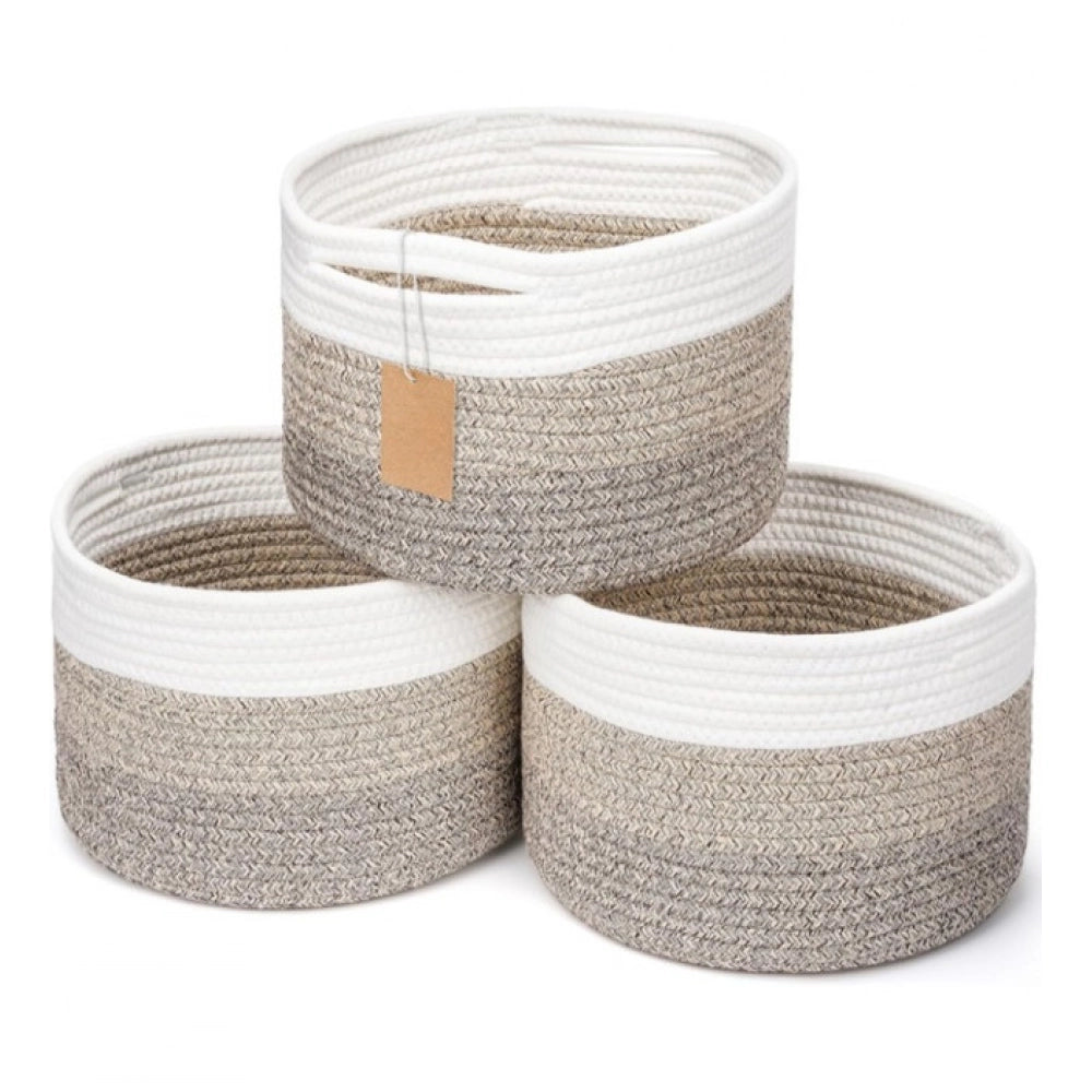 Amfyn Cotton Kidi 9x7 Inch Pack of 3 Storage Basket For Clothes (Kidi White)