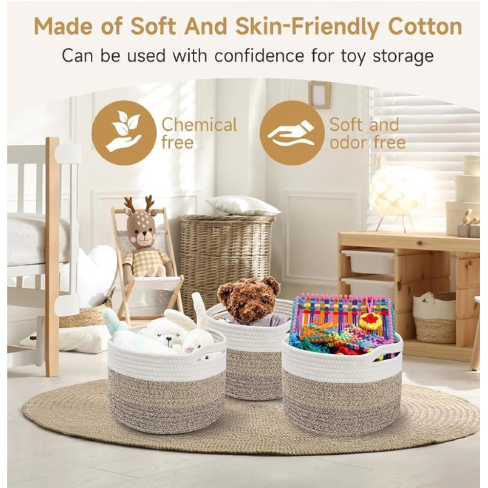 Amfyn Cotton Kidi 9x7 Inch Pack of 3 Storage Basket For Clothes (Kidi White)