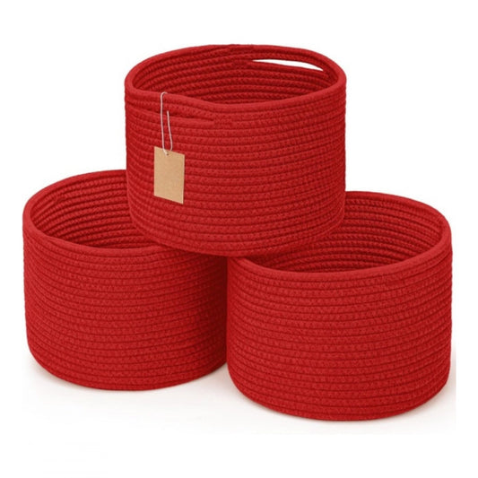 Amfyn Cotton 9x7 Inch Pack of 3 Storage Basket For Clothes (Red)
