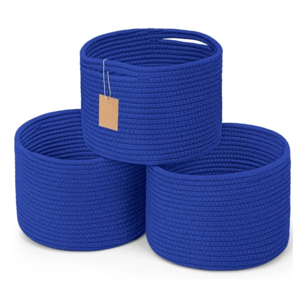 Amfyn Cotton 9x7 Inch Pack of 3 Storage Basket For Clothes (Royal Blue)