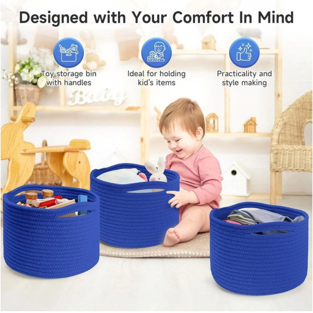 Amfyn Cotton 9x7 Inch Pack of 3 Storage Basket For Clothes (Royal Blue)