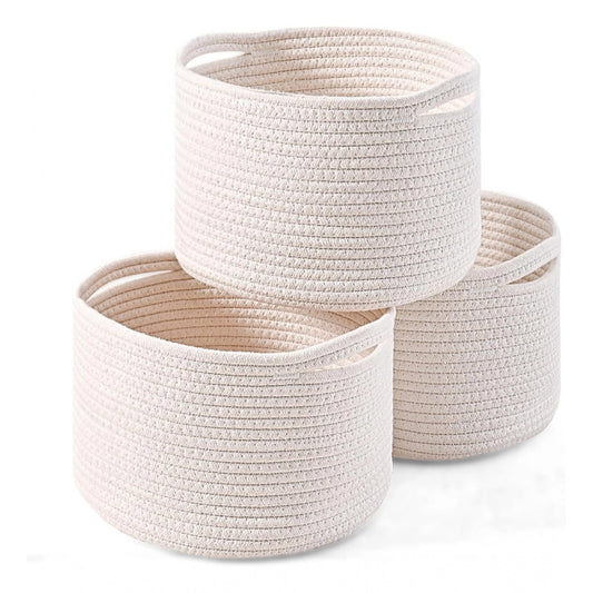 Amfyn Cotton 9x7 Inch Pack of 3 Storage Basket For Clothes (White)
