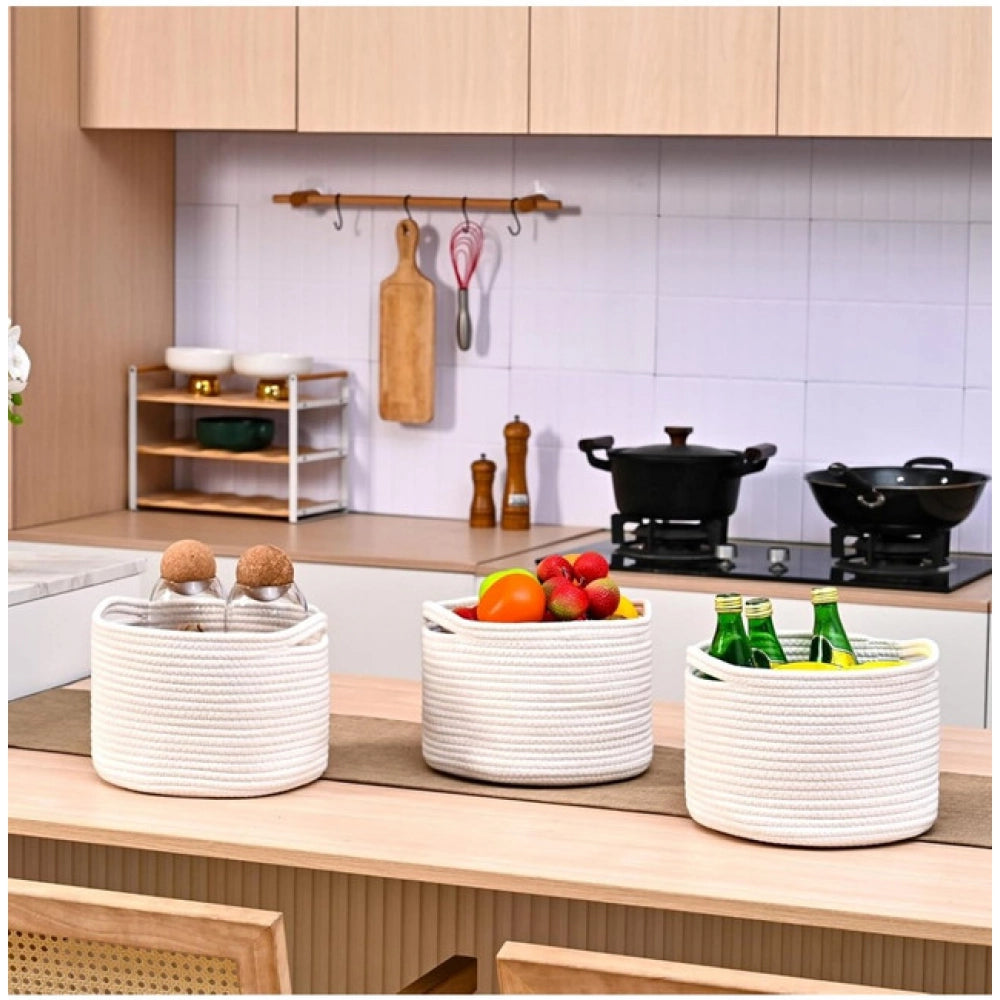 Amfyn Cotton 9x7 Inch Pack of 3 Storage Basket For Clothes (White)